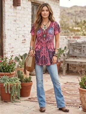 Covington Y2K 90s Boho Embellished Short Sleeve Blouse Medium